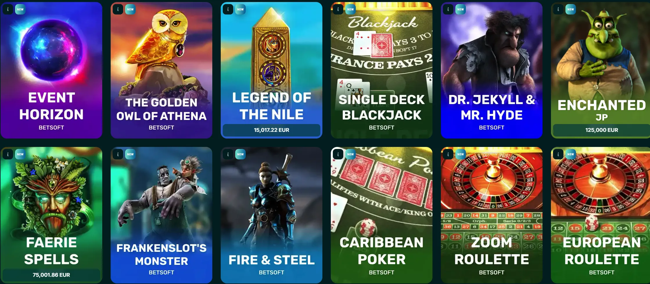 Spinaconda Casino uitgelichte Betsoft titels met eurobedragen